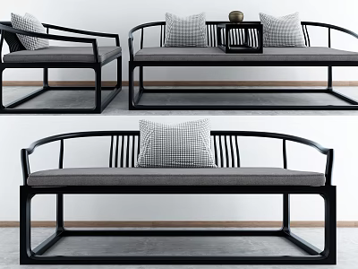Modern Arhat Bed With Black Frame Gray Cushion And Checkered Accent Pillow 3d model