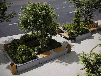 Outdoor Landscape Seats In Streetside Area With Green Trees Lush Bushes And Wooden Trash Bins 3d model