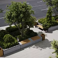Outdoor Landscape Seats In Streetside Area With Green Trees Lush Bushes And Wooden Trash Bins