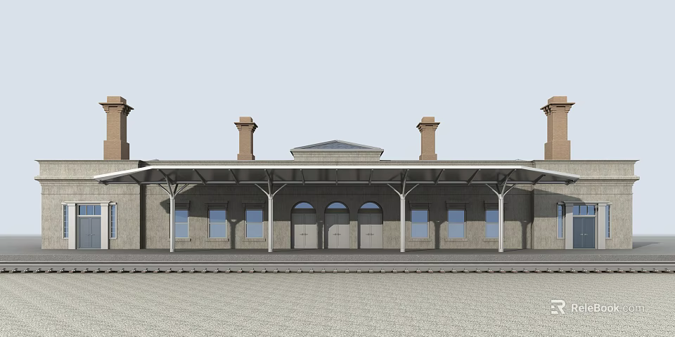 Classic Brick Building Exterior Featuring Arched Windows Chimneys Columned Canopy And Paved Ground 3d model 