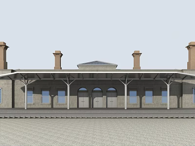 Classic Brick Building Exterior Featuring Arched Windows Chimneys Columned Canopy And Paved Ground 3d model