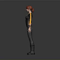 Woman with red hair wearing black top and yellow accents black pants and boots