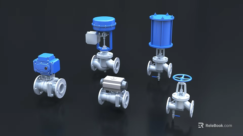 Industrial Equipment Featuring Various Control Valves With Blue Actuators And Manual Handwheels 3d model 