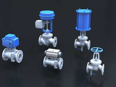 Industrial Equipment Featuring Various Control Valves With Blue Actuators And Manual Handwheels 3d model