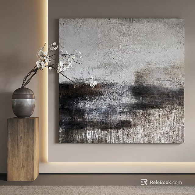 Abstract Painting With Textured Neutral Tones And Wooden Pedestal With White Flowers 3d model 
