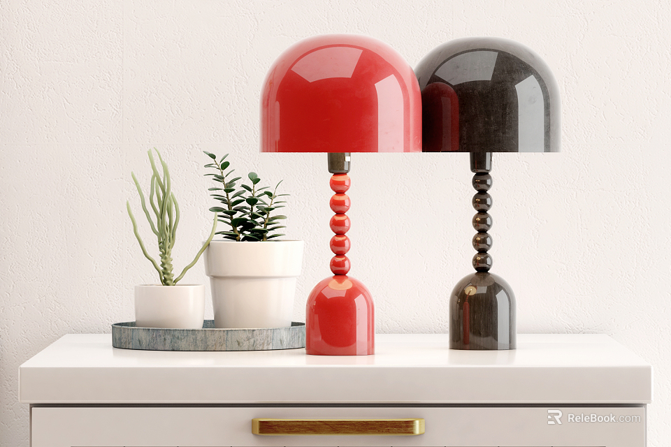 Red and Black Dome Shaped Table Lamps with Beaded Base and Plants on White Shelf 3d model 