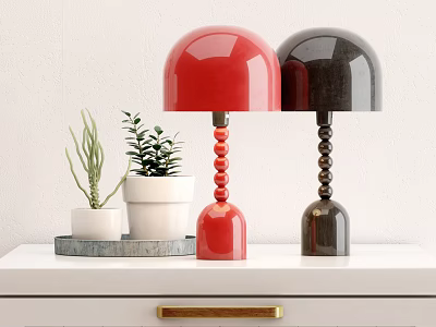 Red and Black Dome Shaped Table Lamps with Beaded Base and Plants on White Shelf 3d model