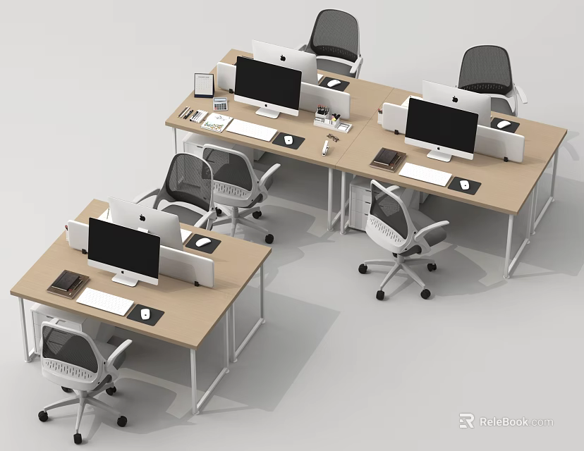 Light Colored Office Desks With Computer Monitors Keyboards And Ergonomic Chairs In Workspace 3d model