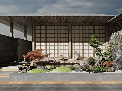 Japanese Style Courtyard Garden With Wooden Structure Rockery Red Maple Pine Trees And Water Feature 3d model