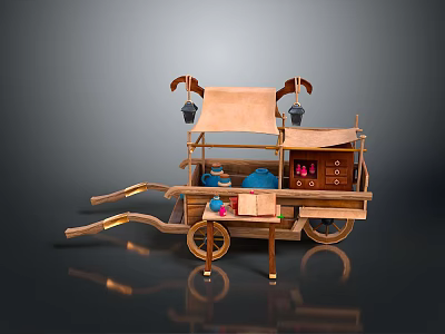 Handmade Wooden Vendor Cart With Canopy Wheels Storage Cabinets Small Drawers And Display Items 3d model