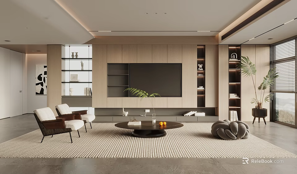 Modern Living Room Interior With Beige Wooden Walls Large TV Round Coffee Table And Green Plants 3d model 