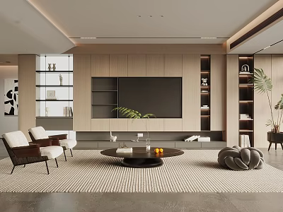 Modern Living Room Interior With Beige Wooden Walls Large TV Round Coffee Table And Green Plants 3d model