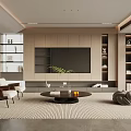 Modern Living Room Interior With Beige Wooden Walls Large TV Round Coffee Table And Green Plants
