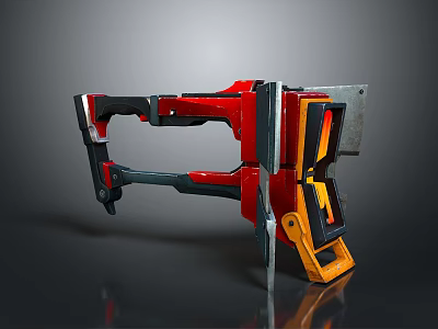 Futuristic Red Black And Yellow Metallic Weapon With Mechanical Components Design 3d model