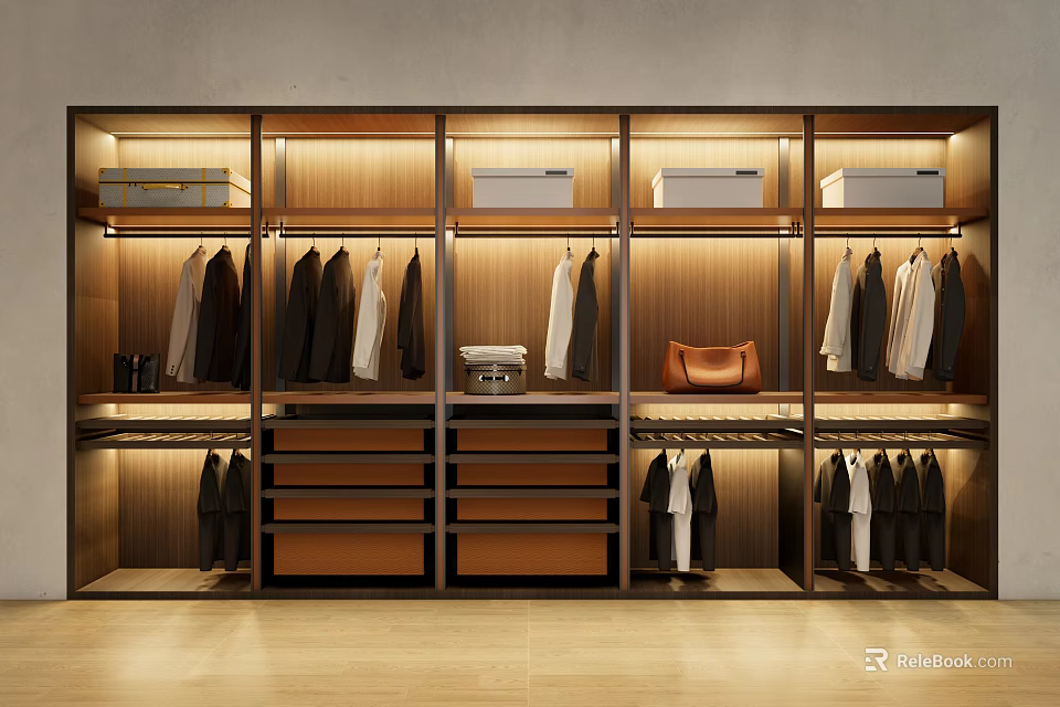 Modern Wooden Built-in Wardrobe Interior Design With Hanging Garments Drawers And Leather Bag 3d model 