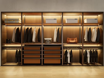 Modern Wooden Built-in Wardrobe Interior Design With Hanging Garments Drawers And Leather Bag 3d model
