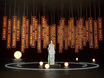 Woman in Traditional Costume Standing With Hanging Inscribed Plaques Circular Light Rings And Glowing Orbs 3d model