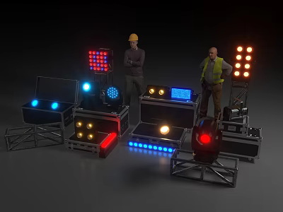 Stage Lighting Equipment Setup With Workers And Colorful Lights And Cases 3d model