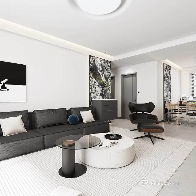 Modern Living and Dining Room With Gray Sofa White Round Coffee Table Black Accent Chair 3d model 
