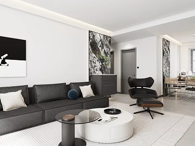 Modern Living and Dining Room With Gray Sofa White Round Coffee Table Black Accent Chair 3d model