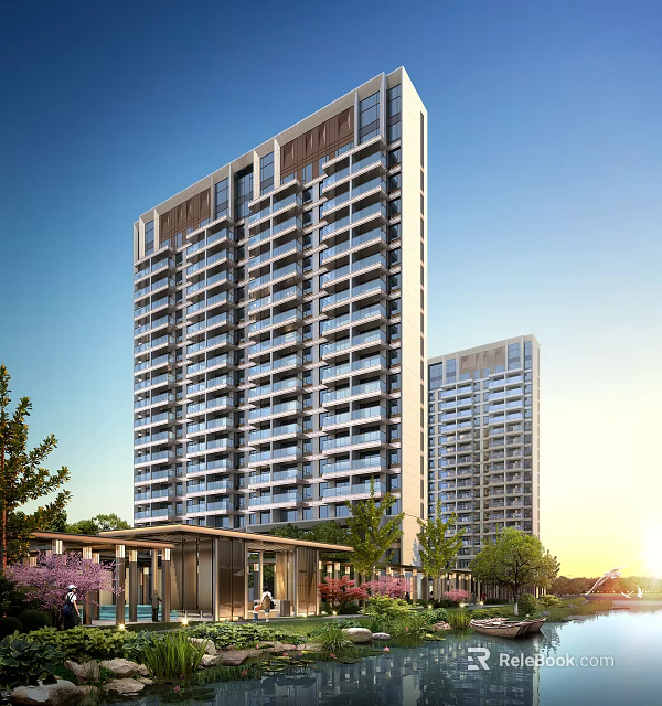 Modern High Rise Residential Building With Balconies Greenery And Entrance Under Blue Sky 3d model 