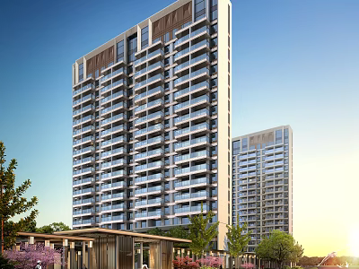 Modern High Rise Residential Building With Balconies Greenery And Entrance Under Blue Sky 3d model