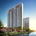 Modern High Rise Residential Building With Balconies Greenery And Entrance Under Blue Sky