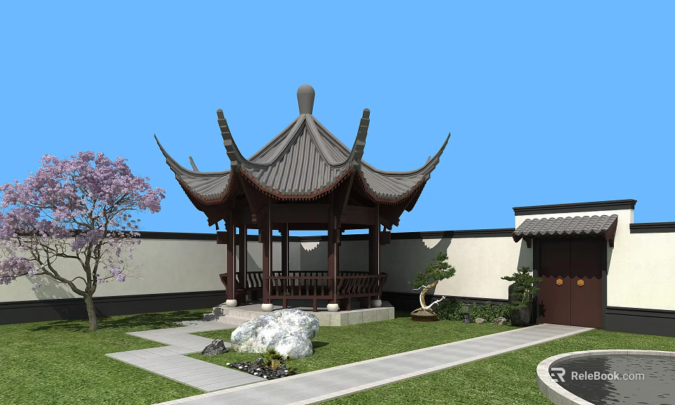 Traditional Chinese Pavilion With Curved Eaves In Garden Courtyard And Lawn Stone Ornament 3d model 