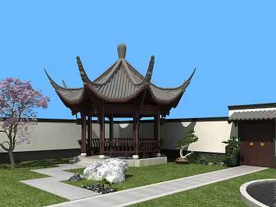 Traditional Chinese Pavilion With Curved Eaves In Garden Courtyard And Lawn Stone Ornament 3d model