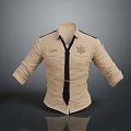 Beige Casual Shirt With Epaulets Chest Pockets Black Tie And Left Chest Badge