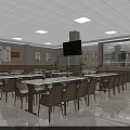 Bright Restaurant Interior With White Tables Beige Chairs Wall TV And Ceiling Lights
