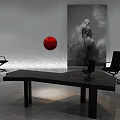 Modern Black Desk Interior Design With Suspended Red Sphere Black Chairs And Monochrome Artwork