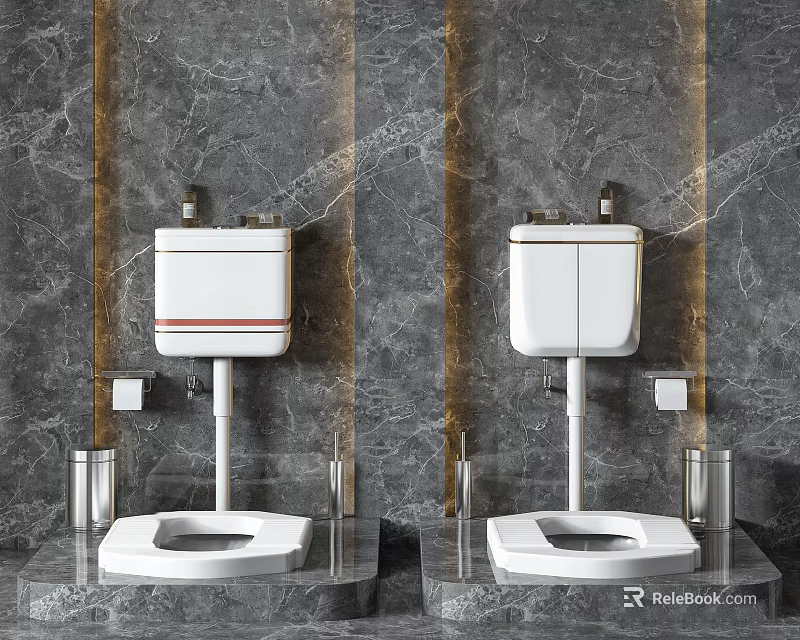 Two White Toilets Against Dark Marble Wall With Silver Toilet Brush And Tissue Holder 3d model 