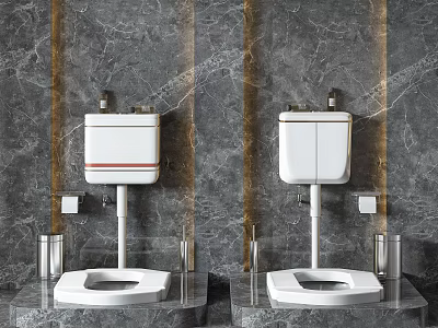 Two White Toilets Against Dark Marble Wall With Silver Toilet Brush And Tissue Holder 3d model