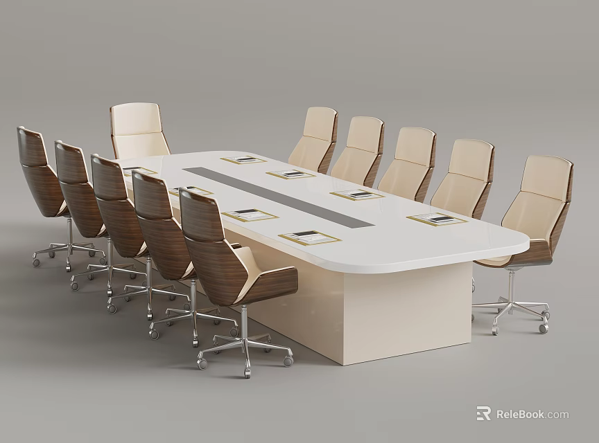 Modern Conference Table With White Surface And Brown Rolling Office Chairs Around 3d model 