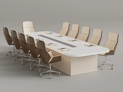 Modern Conference Table With White Surface And Brown Rolling Office Chairs Around 3d model