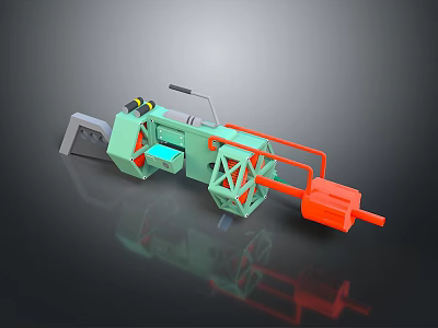 Mechanical Weapon 3D Design With Green Orange Gray Wheel Structure And Handle 3d model