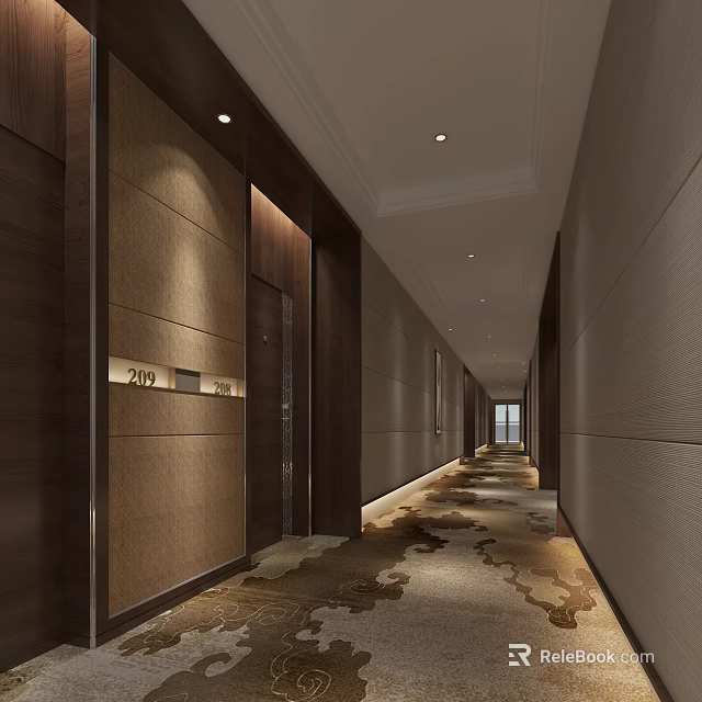 Modern Hotel Corridor With Wooden Walls Elevator Doors Ceiling Lights And Patterned Carpet 3d model 
