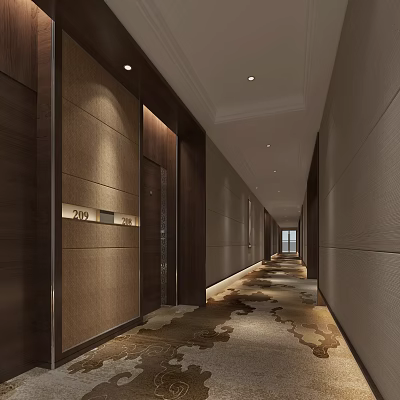Modern Hotel Corridor With Wooden Walls Elevator Doors Ceiling Lights And Patterned Carpet 3d model