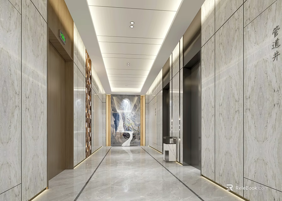 Modern Elevator Lobby With Marble Walls Art And Ceiling Lighting 3d model