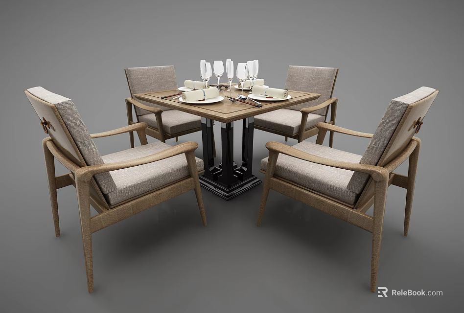 Elegant Modern Dining Table Setup With Four Chairs Tableware And Wine Glasses 3d model