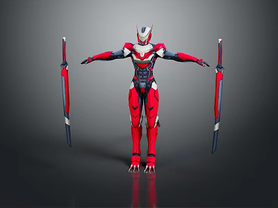 Biomech Sci Fi Warrior Character In Red White Armor Holding Swords Arms Outstretched 3d model