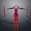 Biomech Sci Fi Warrior Character In Red White Armor Holding Swords Arms Outstretched
