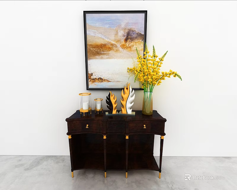Dark Wood Entryway Cabinet Sideboard With Yellow Flowers Vase And Wall Painting 3d model 