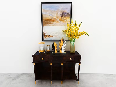 Dark Wood Entryway Cabinet Sideboard With Yellow Flowers Vase And Wall Painting 3d model