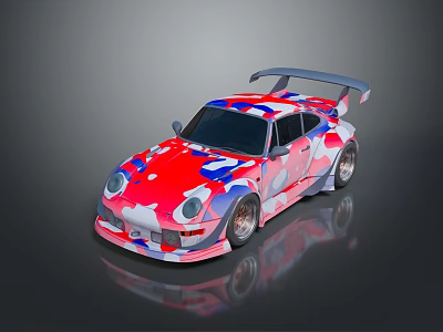 Colorful Modified Sports Car with Abstract Patterns Rear Spoiler and Silver Wheels 3d model