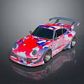 Colorful Modified Sports Car with Abstract Patterns Rear Spoiler and Silver Wheels