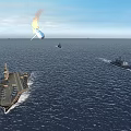 Warship Launching Missile At Sea With Aircraft Carrier And Small Vessel