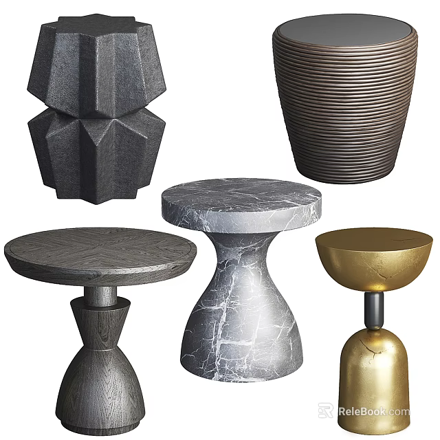 Modern Side Tables With Marble Top Gold Base And Geometric Textured Design 3d model