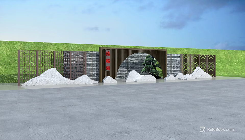 Scenic Garden Wall Design with Greenery Stone Accents and Wooden Fence 3d model 